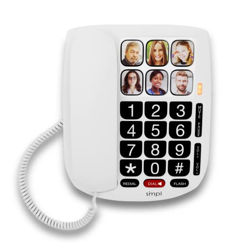 SMPL Hands-Free Dial Corded Phone with Photo Memory, One-Touch Dialing, Large Buttons, Flashing Alerts - for Seniors, Hearing Impaired