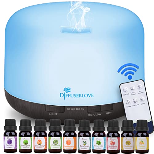 Diffuserlove Essential Oil Diffuser 500ML Aromatherapy Diffuser Mist Humidifiers 7 Color LED Lights Diffusers for Home Office Bedroom (Size:6.7' L x 6.7' W x 4.7' H)