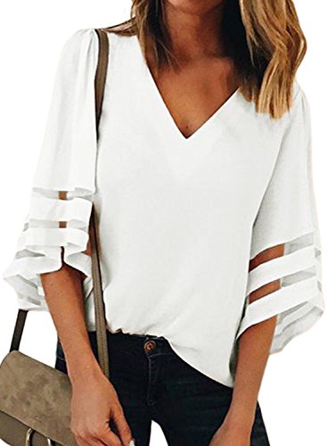 BLENCOT Womens Plus Size Chiffon Blouse Shirt 3/4 Bell Sleeve Deep V Neck Patchwork Summer Casual Tops White 2XL