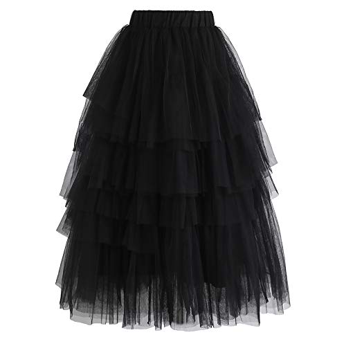 CHICWISH Women's Black Tiered Layered Mesh Ballet Prom Party Tulle Tutu A-line Midi Skirt, Medium/Large