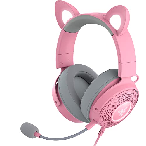 Razer Kraken Kitty V2 Pro Wired RGB Headset: Interchangeable Ears (Kitty, Bear, Bunny) - Stream Reactive Lighting - Detachable HyperClear Cardioid Mic - 50mm Drivers - 7.1 Surround Sound - Quartz Pink