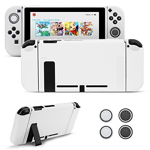 JINGDU Protective Case Compatible with Switch 2017, Dockable TPU Cover Accessories for Switch Console and Grip Joy-Con, The Switch Protector with 4 Thumb Grip Caps, White