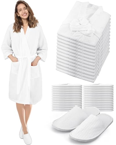 Breathffy 24 Pcs Waffle Bath Robe and Slippers Set 12 Pcs Women's SPA Bathrobe with 12 Pairs Slippers Bulk Bridesmaid Kimono Robes Lightweight Soft Thin Spa Bathrobe for Hotel Wedding Party