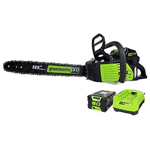 Greenworks 80V 18' Brushless Cordless Chainsaw (Great For Tree Felling, Limbing, Pruning, and Firewood) / 75+ Compatible Tools), 2.0Ah Battery and Rapid Charger Included