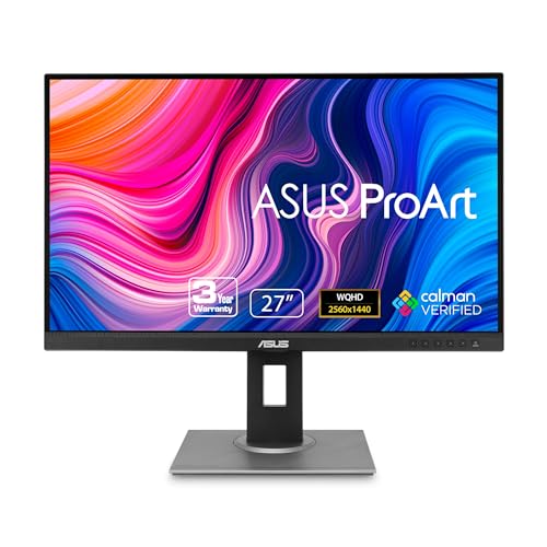 ASUS ProArt Display PA278QV 27” WQHD (2560 x 1440) Monitor, 100% sRGB/Rec. 709 ΔE  2, IPS, DisplayPort HDMI DVI-D Mini DP, Calman Verified, Anti-glare, Tilt Pivot Swivel Height Adjustable, Black