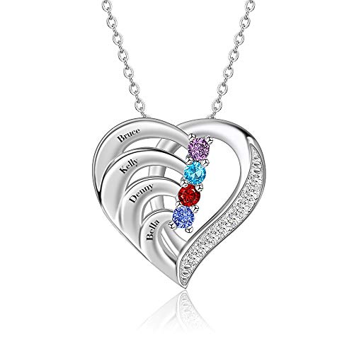 ORFANDE Personalized Sterling Silver Mothers Name Necklace with 2-4 Simulated Birthstones Custom Heart Pendant Necklace Personalized for Mother's Day (Silver)