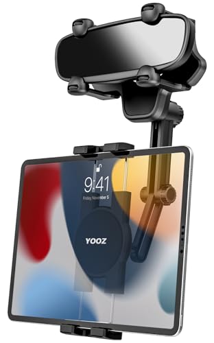 YOOZ Rearview Mirror Tablet Mount for Car Truck [Rotatable & Retractable] Rear View Mirror Clip Phone Tablet Holder Upgraded 4 Corners for Pro Air Mini, Galaxy Tab, iPhone, 4-11' Devices