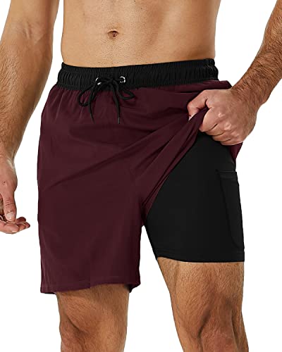 SILKWORLD Mens Swimming Trunks with Compression Liner 2 in 1 Quick-Dry Bathing Suits with Zipper Pockets,Black Dark-Red,Large