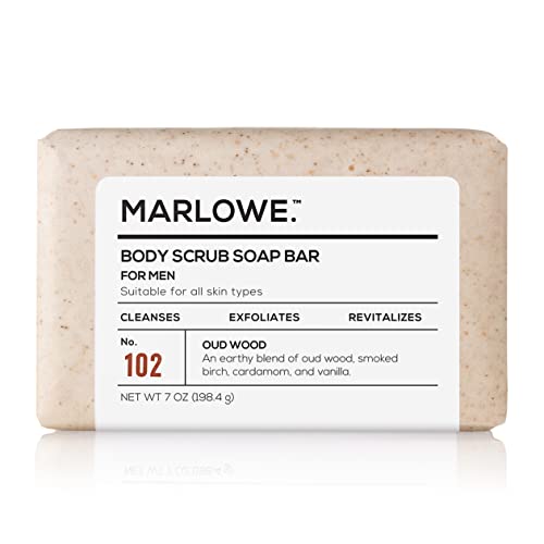 MARLOWE. No. 102 Men's Body Scrub Soap 7 oz, Earthy Oud Wood Scent, Best Exfoliating Bar for Men, Made with Natural Ingredients, Apricot Seed Powder, Shea Butter, Olive Oil, Green Tea Extracts
