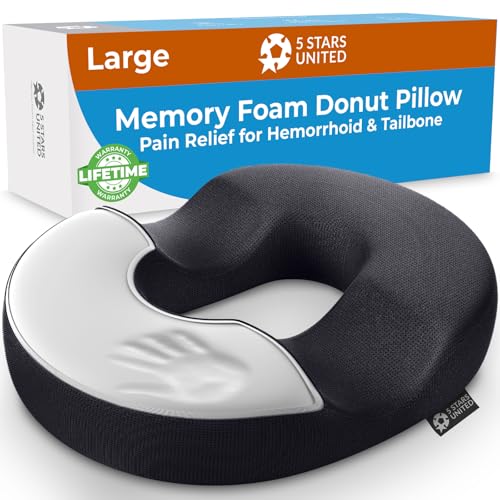 5 STARS UNITED Donut Pillow Hemorrhoid Tailbone Seat Cushion – Large Black Lifting Cushion Pain Relief for Coccyx, Prostate, Sciatica, Pelvic Floor, Pressure Sores, Pregnancy