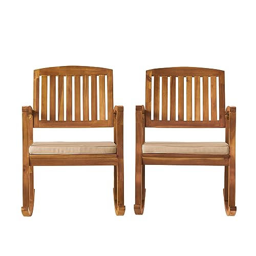 Christopher Knight Home Selma Acacia Rocking Chairs with Cushions, 2-Pcs Set, Teak Finish