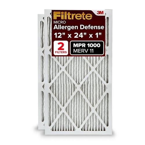 Filtrete 12x24x1 AC Furnace Air Filter, MERV 11, MPR 1000, Micro Allergen Defense, 3-Month Pleated 1-Inch Electrostatic Air Cleaning Filter, Pack of 2 (Actual Size 11.719x23.72x0.85 in)