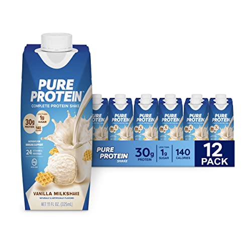 Pure Protein Vanilla Protein Shake, 30g Complete Protein, Vitamins A, C, D, and E plus Zinc to Support Immune Health, Ready to Drink and Keto-Friendly, 11oz Bottles, 12 Pack