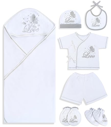 RATIVE The 7-Giftsets for 0-3 Months Newborn Essentials Must Haves Baby Towel with Hood Mittens Cap Booties Shirt and Shorts (White-1)