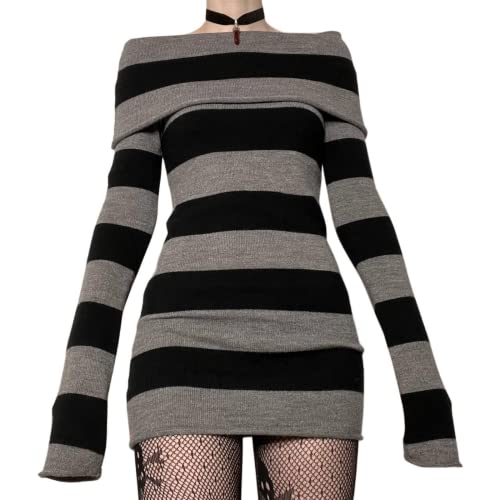 Women Off Shoulder Striped Knit Dress Y2k Punk Gothic Long Sleeve Pullover Sweater Dress Bodycon Mini Dress