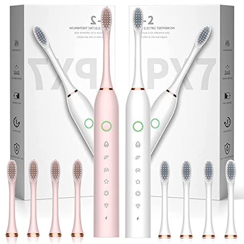 2 Pack Electric Toothbrush with 8 Brush Heads, 6 Modes 42000vpm, IPX7 Waterproof, Sonic Electric Toothbrush for Adults and Kids Pink+White