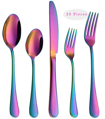 VANDBAO Rainbow Flatware Cutlery Silverware Set 20 Pieces, Stainless Steel Colorful Utensils, Tableware Set Service for 4, Include Knife/Fork/Spoon, Reusable, Mirror Polished, Dishwasher Safe