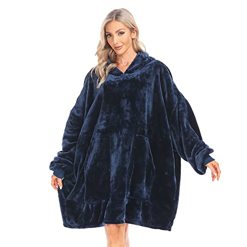 Kipswiza Blanket Hoodie - Wearable Blankets Oversized Soft Cozy Flannel Sweatshirt Blanket for Adult-Navy