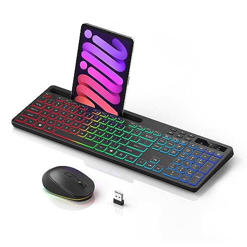 Wireless Keyboard and Mouse Combo Backlit - MARVO WS515 2.4G Keyboard Mouse Combo with Phone Tablet Holder, Silent Key, Full Number Pad, Rechargeable, Silent Mouse with LED for Windows/Mac