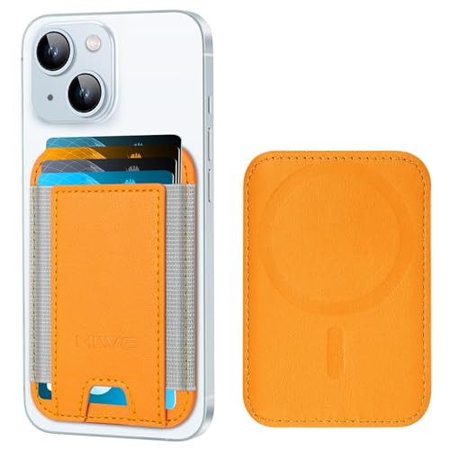 HiWe for MagSafe Wallet, Magnetic Card Wallet Holder for iPhone 15/14/13/12 Series, Leather Wallet, Fit 6 Cards, Slim, RFID Blocking, Orange