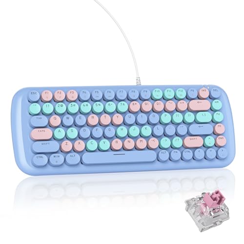 iRoboosta 75% Typewriter Style Mechanical Gaming Keyboard, White Backlit Light Up Keyboard with Pink Switch, Retro Round Punk Keycap 84 Keys Cute Wired Blue Keyboard (84 Blue/Pink Switch)