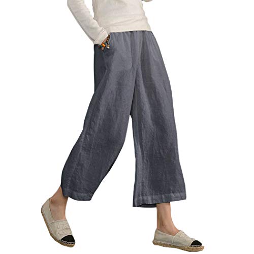 ECUPPER Womens Casual Loose Elastic Waist Cotton Trouser Cropped Wide Leg Pants Gray 16-18