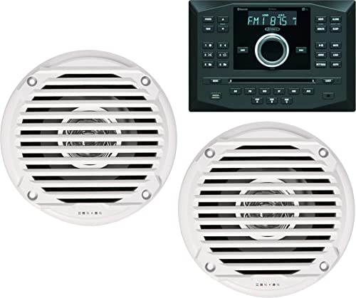 Jensen Bundle of JWM62A and MS5006WR; JWM62A is an AM FM DVD CD USB AUX App Ready Bluetooth Wall-Mount Stereo with App Control; MS5006WR is a Pair of 5.25' White Dual Cone Waterproof Speakers