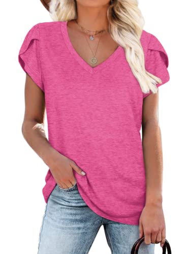 WIHOLL Short Sleeve Shirts for Women V Neck 2024 Fashion Trendy Tops Cute Date Night Outfits Hot Pink XL