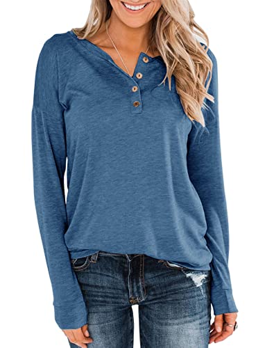 Topstype Women's Long Sleeve Henley Tops Pullover with Buttons Down Casual Loose Fit V-Neck Tunics