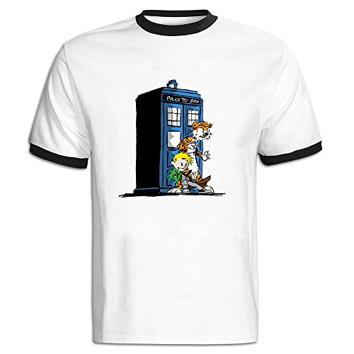 Jade Men's Two-toned T-shirts-Vintage Calvin And Hobbes Doctor Tv Who Poster Black Size XXL