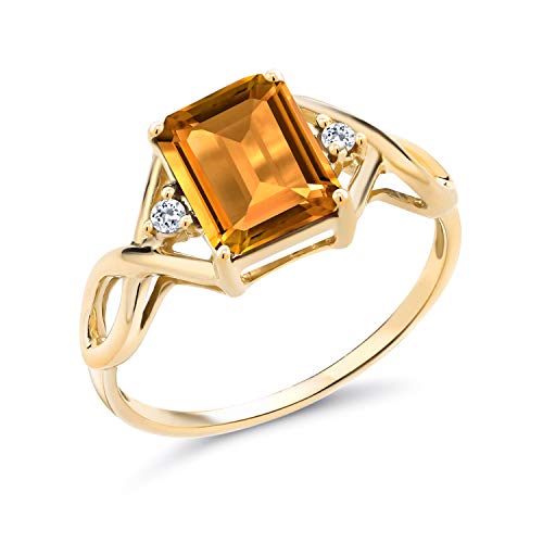 Gem Stone King 18K Yellow Gold Plated Silver Yellow Citrine and White Topaz Ring For Women (2.41 Cttw, Gemstone Birthstone, Emerald Cut 9X7MM, Available in size 5, 6, 7, 8, 9)