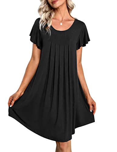 Ekouaer Nightgown Women's Pleated Pajama Dress Sleepshirt Sleepwear Short Sleeve Nightshirt Lightweight Sleep Dress Loungewear Black M