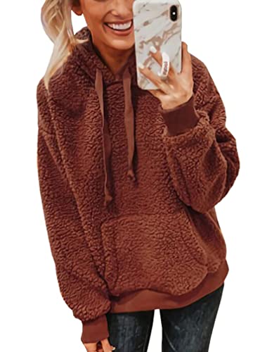 KIRUNDO Women's 2024 Winter Fuzzy Fleece Hoodies Sweatshirts Casual Long Sleeves Shaggy Sherpa Pullover With Pockets(Small, Brown)