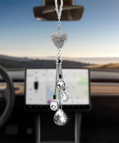YAKEFLY 9.8 Inch Bling Heart Diamond Car Accessories,Crystal Car Rear View Mirror Charms Car Decoration Decor,Car Interior Hanging Pendant Charm Ornament Pendant,Bling Car Accessories for Women
