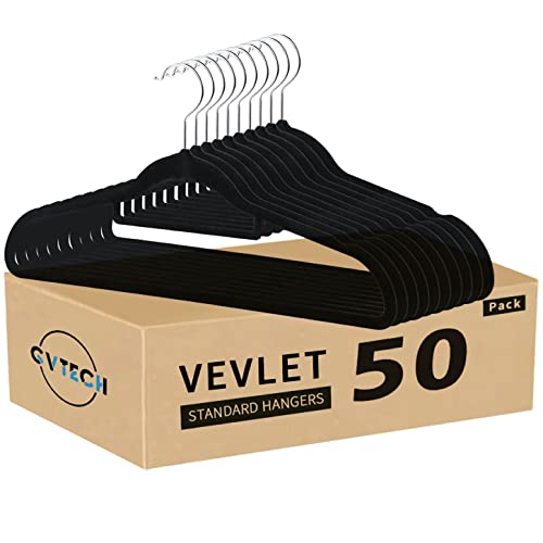 GVTECH Premium Velvet Hangers, [50 Pack] Non Slip and Heavy Duty Velvet Suit Hangers (45cm) with Tie Bar, 360° Swivel Hooks, Sturdy to Hold Jumper, Pullovers, Jackets & Hoodies (50 Pack, Black)