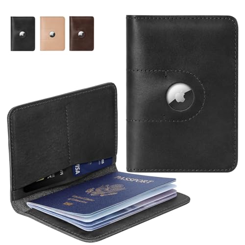 ALLIVE Genuine Leather Passport Holder Women Men, Passport Wallets with Airtag Slot, Travel Must Haves Airport Essentials, Passport Cover Case Travel Gifts(Black)
