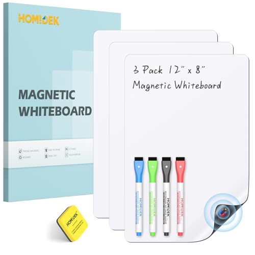 HOMiDEK Magnetic Whiteboard for Fridge, Refrigerator Magnetic Dry Erase Board with 4 Markers and 1 Eraser, 12 x 8 inches - 3 Sheets