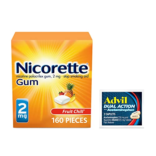 Nicorette 2 mg Nicotine Gum to Help Quit Smoking - Fruit Chill Flavored Stop Smoking Aid, 1-Pack, 160 Count, Plus Advil Dual Action Coated Caplets with Acetaminophen, 2 Count