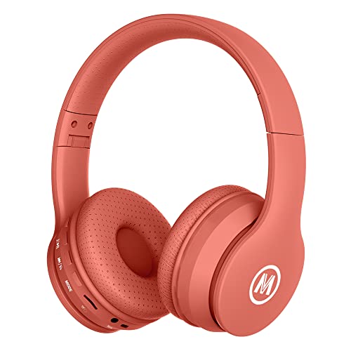 Mokata Headphones Bluetooth Wireless/Wired Kids Volume Limited 85 /110dB Over Ear Foldable Protection Headset with AUX 3.5mm Mic for Boys Girls Child School Pad Tablet Coral