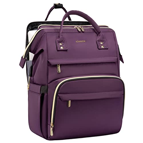 LOVEVOOK Laptop Backpack Women, 15.6 Inch Backpack with Charger, Water Resistant Teacher Bag Work Backpack with Laptop Compartment for Travel Business College, Dark Purple