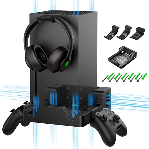 Wall Mount for Xbox Series X with 2 Controller Holders and 1 Headset Stand, Wall Mount Kit for Xbox Series X Accessories, Dual Ventilation Design Wall Shelf, Place Console Front Facing