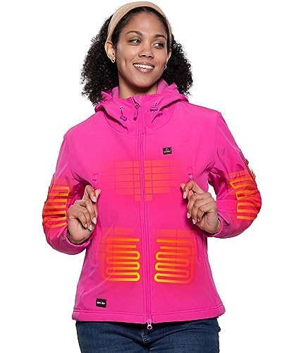 DEWBU Heated Jacket for Women with 12V Battery Pack Winter Outdoor Soft Shell Electric Heating Coat, Women's Rose Red, M