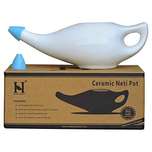 Ceramic Neti Pot Premium Handcrafted, Nose Cleaner for Sinus Dishwasher Safe with 2 Silicone Nozzle Tip, 225 Ml Capacity - White Color