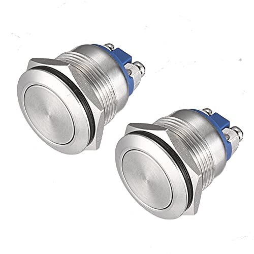 APIELE Push Button Switch 19mm Momentary Waterproof Stainless Steel Metal Flat Top 12V 24V 36 DC 110V 250V AC 5A 1NO SPST Screw Terminal (Pack of 2)