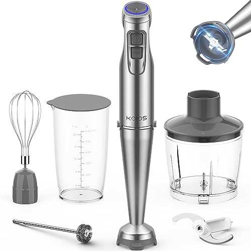 KOIOS 1100W Immersion Hand Blender, Stainless Steel Stick Blender with 12-Speed & Turbo Mode, 5-in-1 Handheld Blender with 600ml Mixing Beaker with Lid, 500ml Chopper, Whisk, Milk Frother, BPA-Free