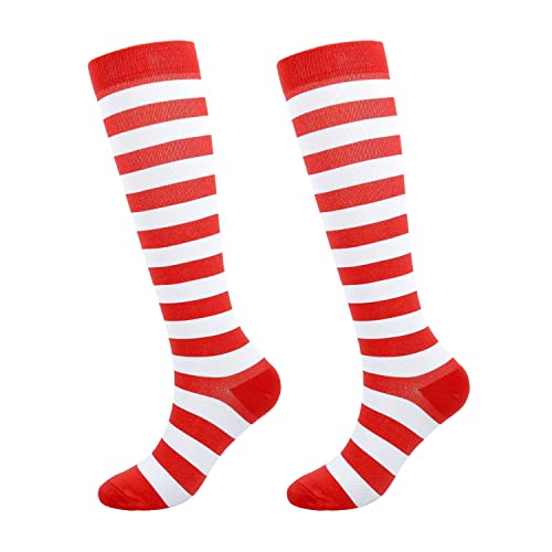 Junely Compression Socks for Women Striped Knee High Stockings for Christmas Halloween Running Nurses Work Support Pregnancy Travel Gifts Red White