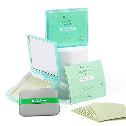 Oil Blotting Sheets for Face, DUcare 100 Counts Green Tea Blotting Paper For Oily Skin with Portable Mirror Case & Makeup Puff, Oil Absorbing Sheets For Face
