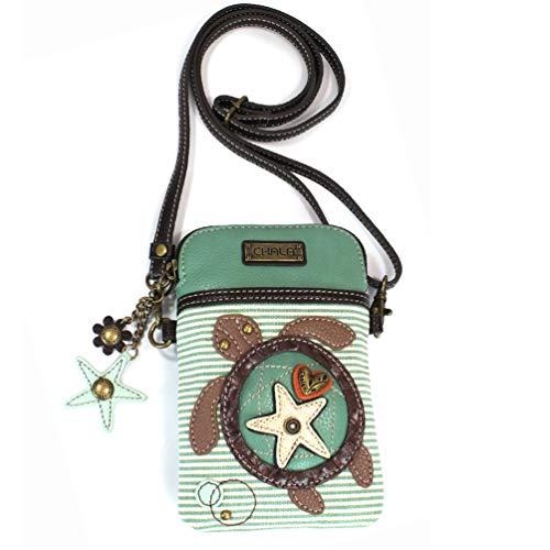 CHALA Cell Phone Crossbody Purse-Women PU Leather/Canvas Multicolor Handbag with Adjustable Strap - Turtle - teal stripe