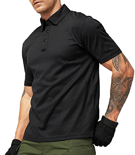 MIER Men's Outdoor Performance Tactical Polo Shirts Short Sleeve, Moisture-Wicking, Black, L