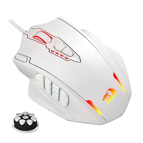 Redragon M908 Impact RGB LED MMO Gaming Mouse with 12 Side Buttons, Optical Wired Ergonomic Gamer Mouse with Max 12,400DPI, High Precision, 20 Programmable Macro Shortcuts, Comfort Grip, White